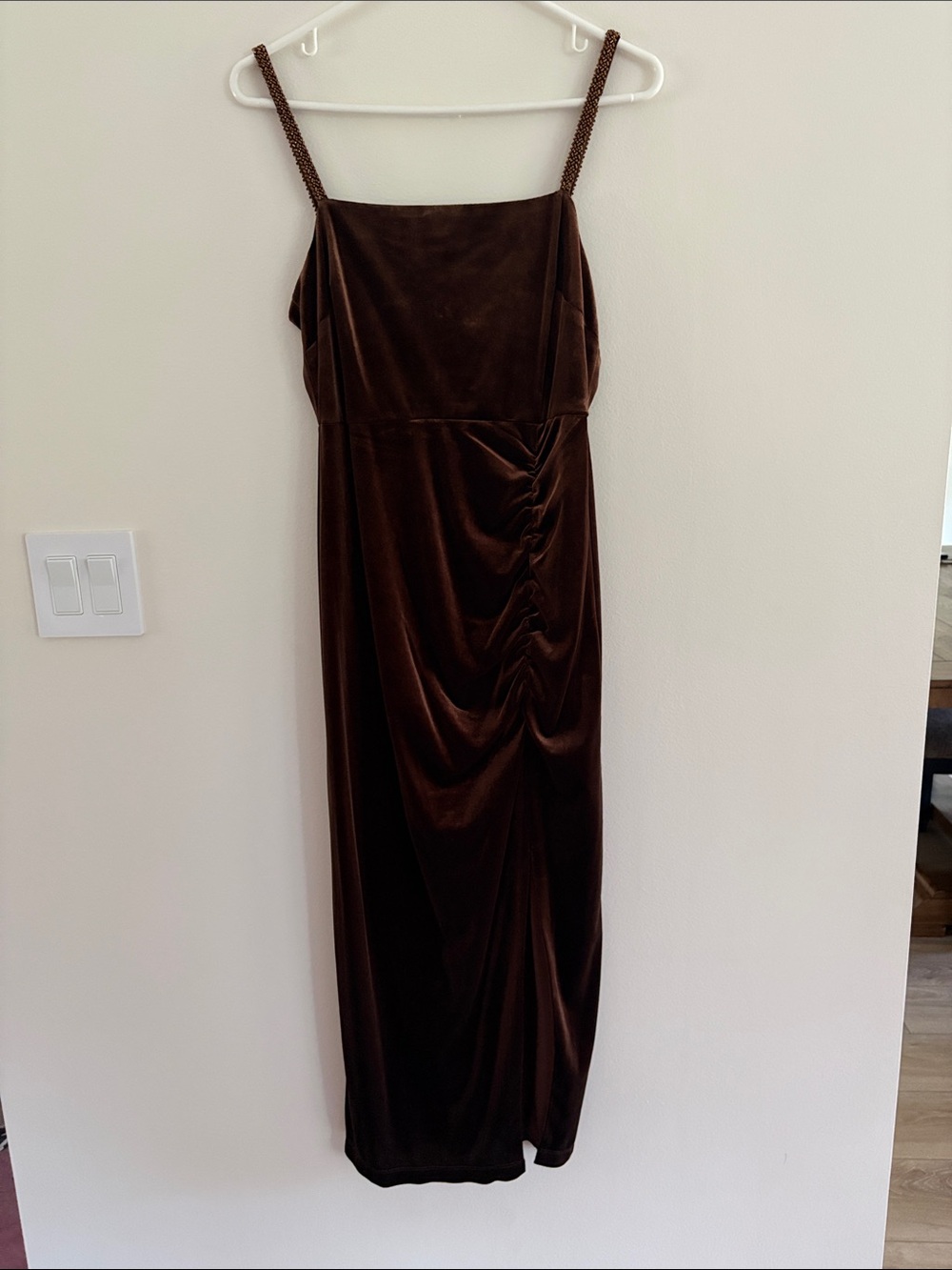 Taylor Brown Velvet Maxi Slip Dress with Braided Straps